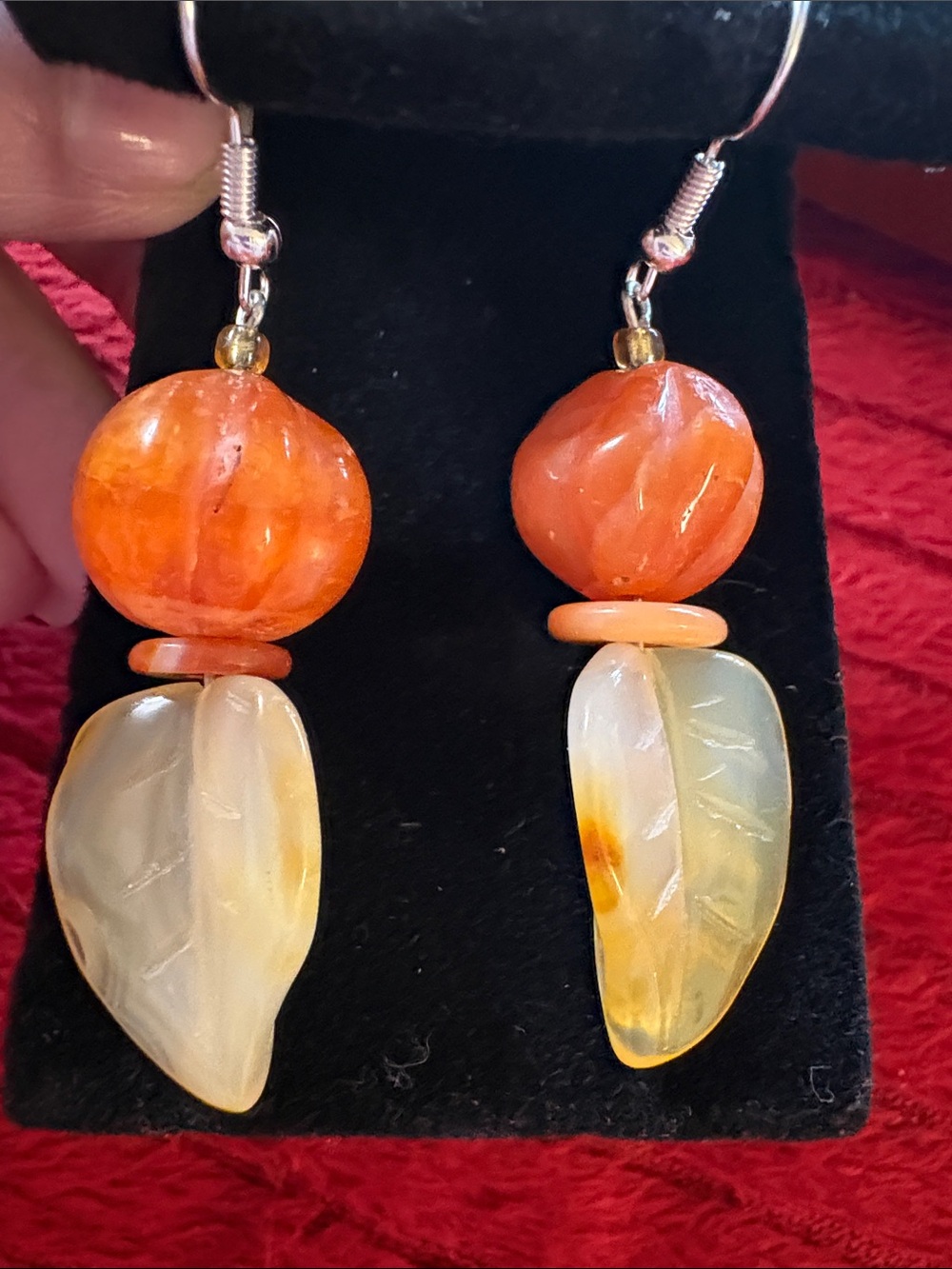 Hand Crafted Carnelian Carved Leaf Drop Earrings